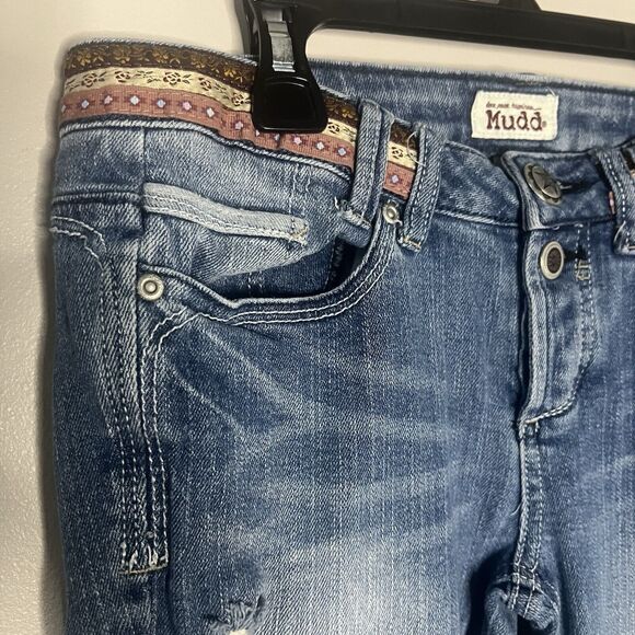 Y2K Mudd Denim Stitched On Belt Distressed Skinny Jeans Size 5 Button Fly - Picture 3 of 6